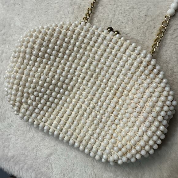 Vtg John Wind Beaded Purse White Handbag Chain Strap Clutch Wedding Art Deco MCM - Picture 2 of 5